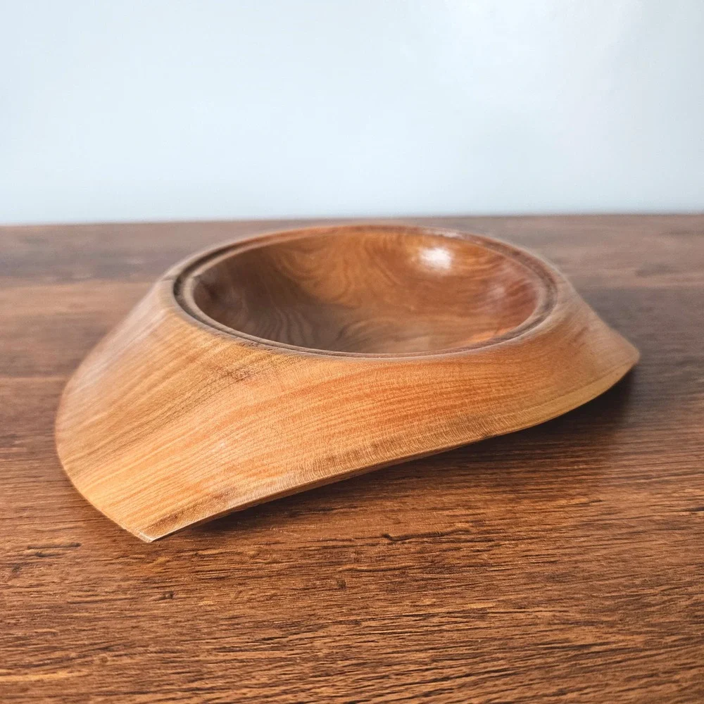 Artisan Hand Turned Elm Wood Trinket Bowl Ashtray Signed C Walker Organic Modern